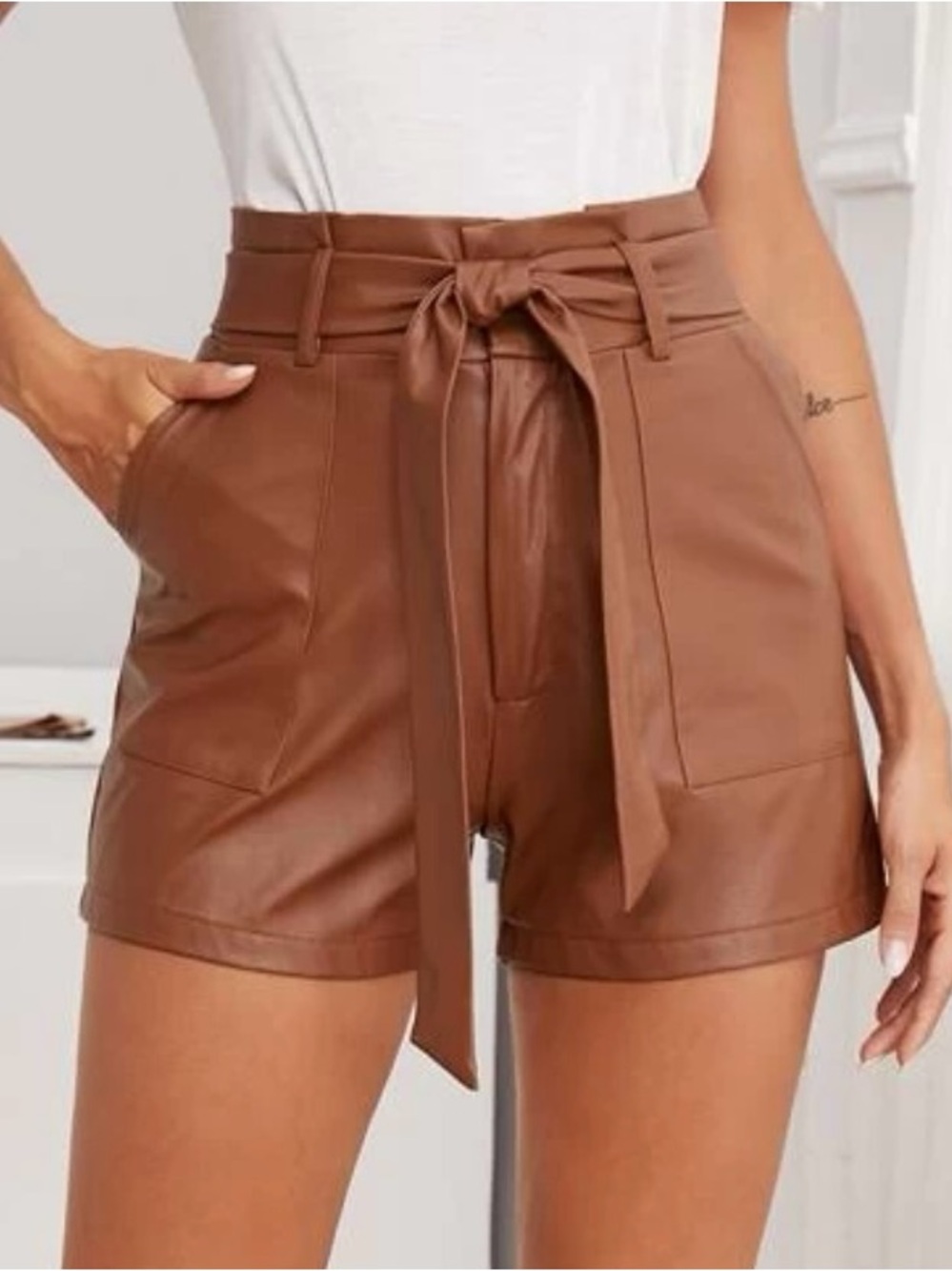 Brown Faux Leather Belted Shorts Size L